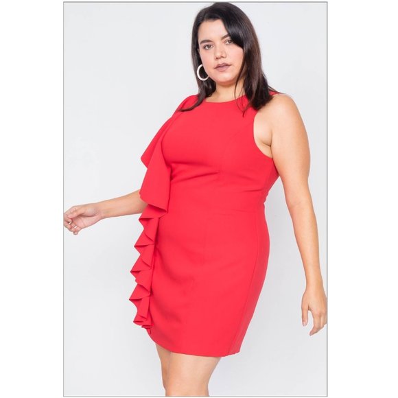 NWT PLUS SIZE Trim Frill Sleeve Mini Dress in RED - Picture 4 of 6